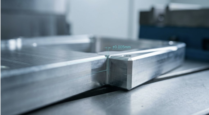 Macro view of two precision CNC machined aluminum prototype parts fitting with a tight ±0.005mm tolerance gap.