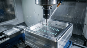 Multi-axis CNC milling machine cutting an aluminum pocket with technical DFM overlays showing corner radius and depth ratios. Multi-axis CNC milling machine cutting an aluminum pocket with technical DFM overlays showing corner radius and depth ratios.